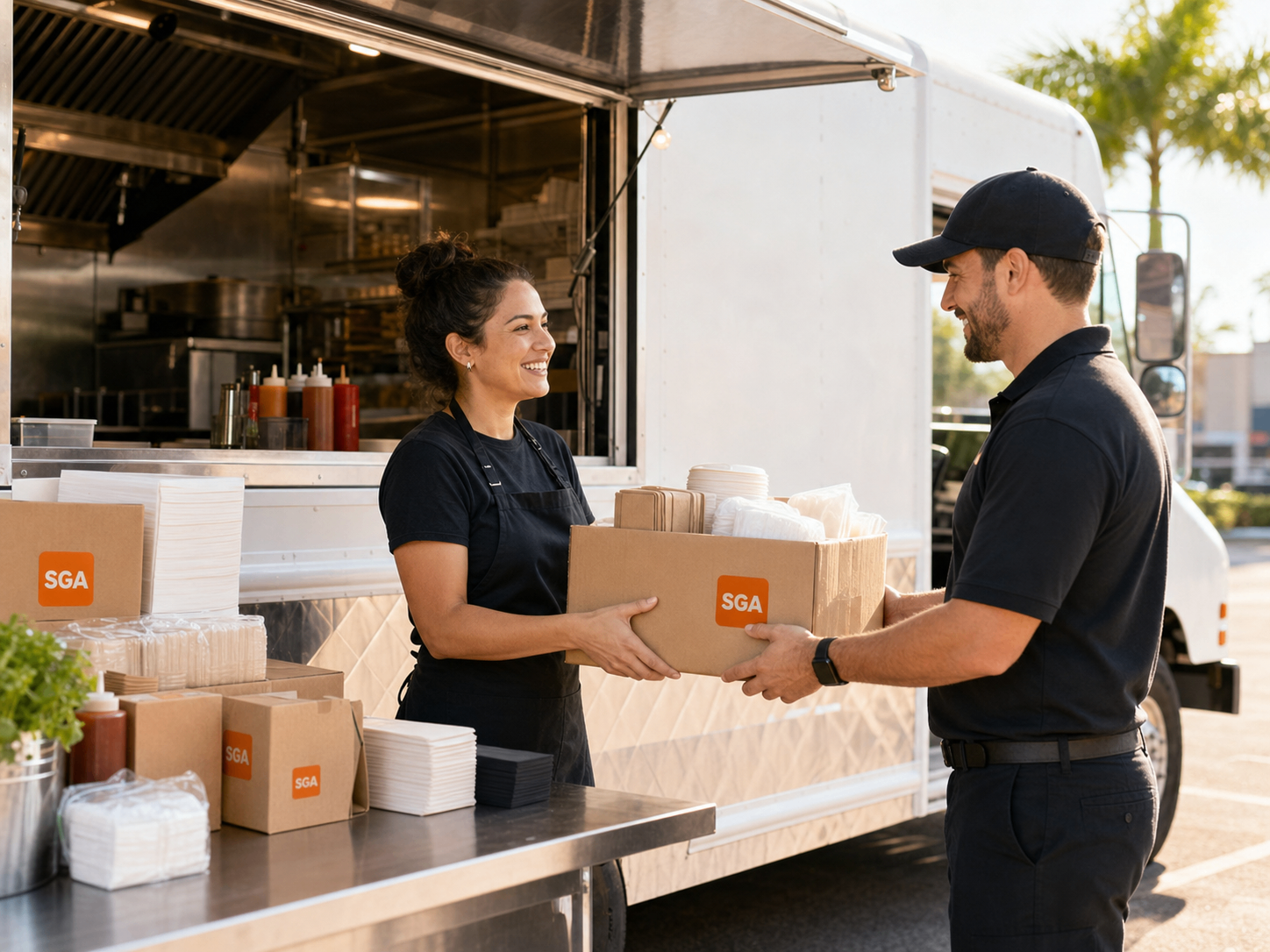 An SGA Chef Express team member hands a food truck operator a box of takeout supplies during delivery.